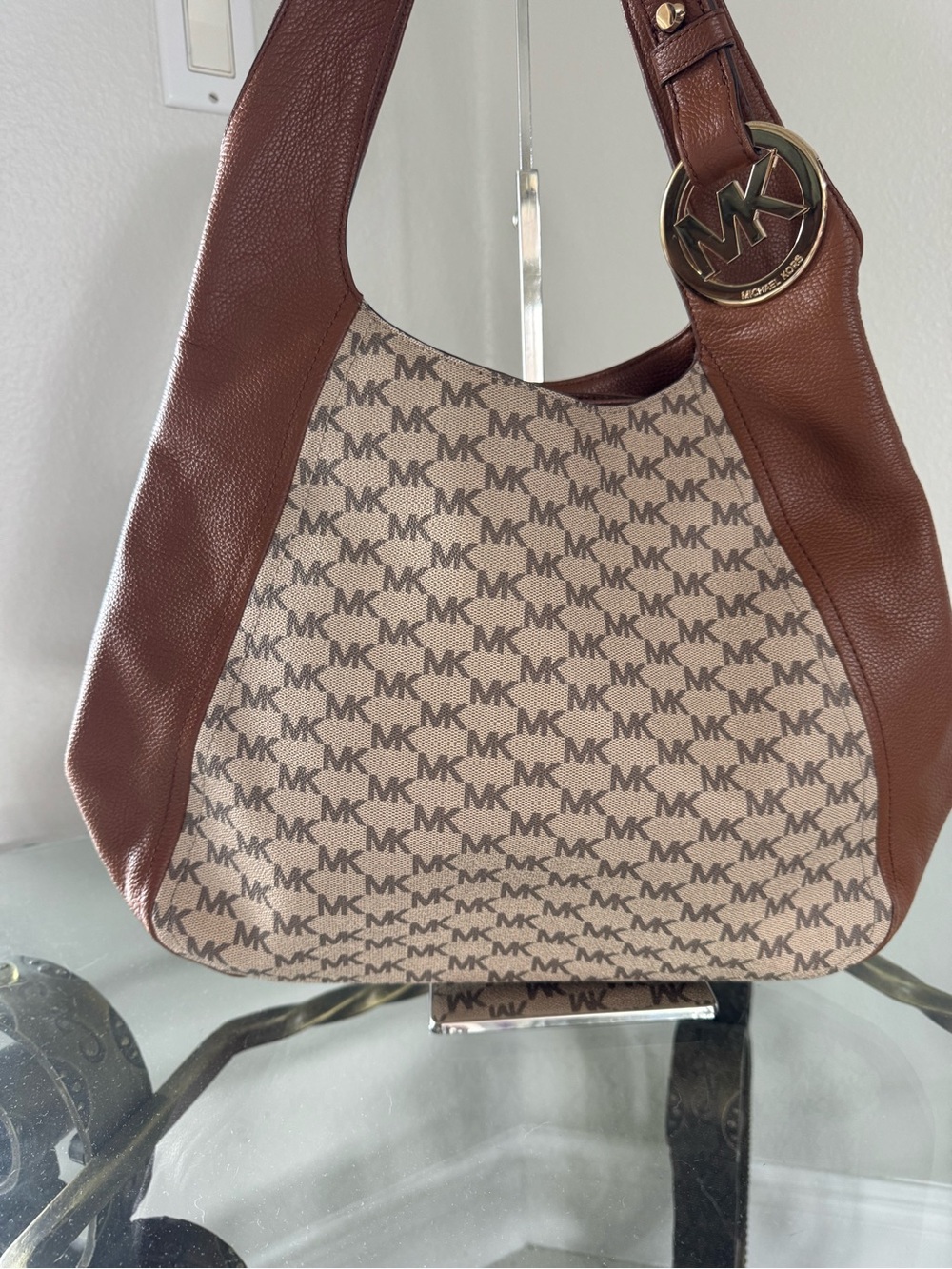 Michael Kos Fulton Brown Leather and Canvas Logo Hobo Bag Three Sections NWOT